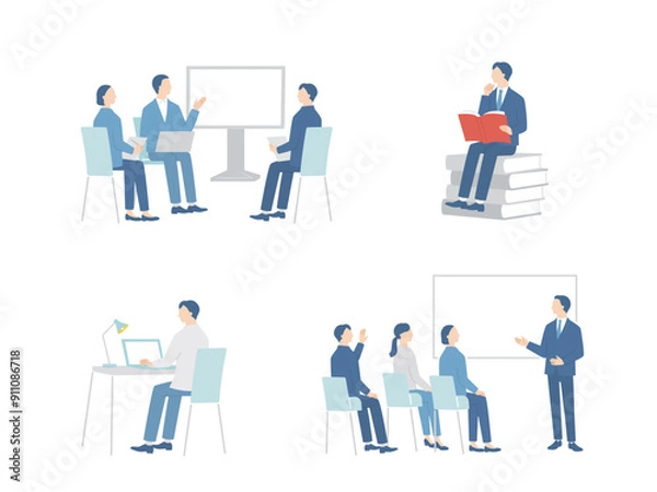 Fototapeta スキルアップのための研修や学習をするビジネスパーソンセット