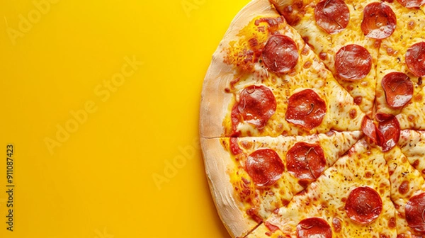 Fototapeta Close-up of freshly baked pepperoni pizza on vibrant yellow background. Italian cuisine concept with traditional pizza toppings and melted cheese