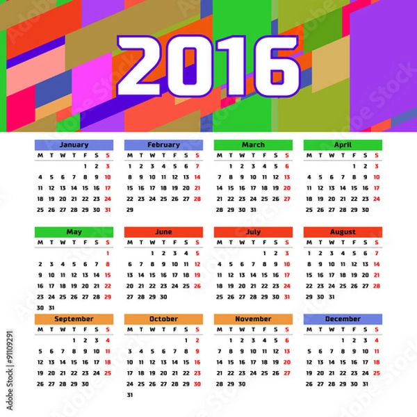 Fototapeta Calendar 2016 template design with header picture starts monday