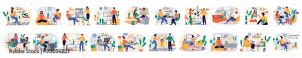 Fototapeta Mega set of colorful concepts with people scene in flat cartoon design. The set of illustrations are done in bright colors and cover a variety of topics. Vector illustration.