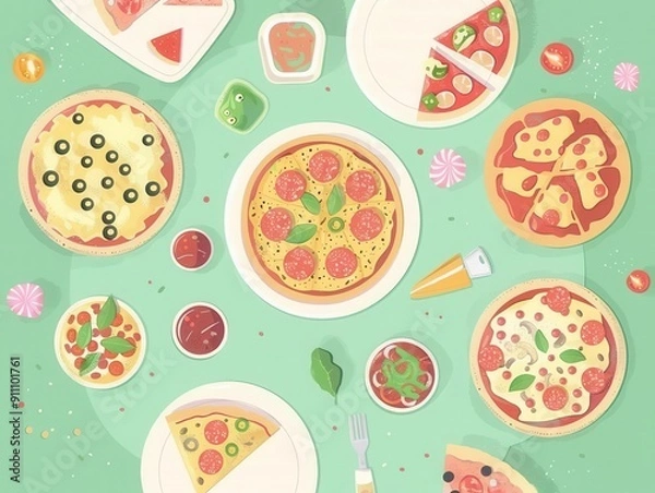 Obraz 6 United States pizza flat design bird's-eye view casual dining theme animation colored pastel