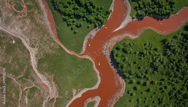 Fototapeta A stunning aerial view of a meandering river with striking red and green banks, perfect for nature-themed projects and travel promotions.