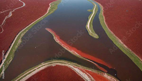 Fototapeta Aerial view of contrasting rivers, showcasing vibrant red and green waters, ideal for nature-related projects, environmental themes, and travel promotions.