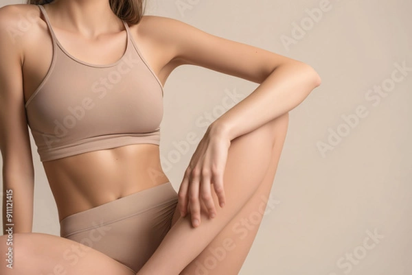 Obraz Fitness portrait of a woman in beige sportswear, highlighting her toned physique, smooth skin, and athletic build against a plain background, emphasizing a healthy and active lifestyle