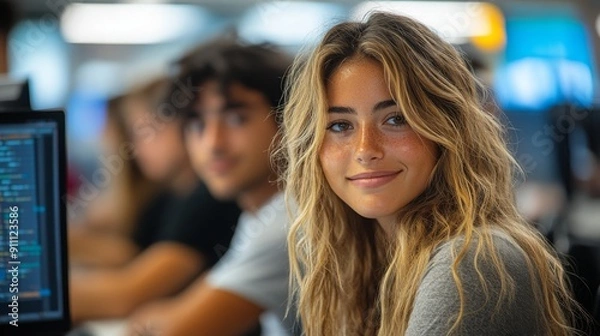 Fototapeta Students Collaborate on Coding Project in Modern Computer Lab During Afternoon Study Session