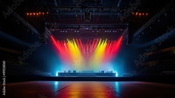 Fototapeta A vibrant concert stage illuminated with colorful lights, ready for an electrifying performance.
