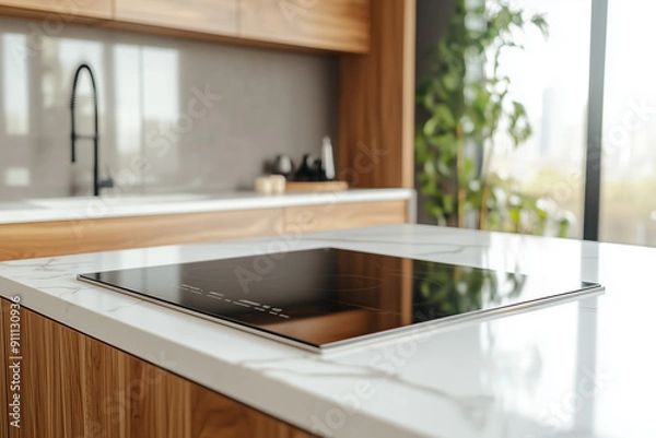 Obraz Modern kitchen with marble countertop, built-in induction cooktop, black faucet, and wooden cabinets. Contemporary interior design concept