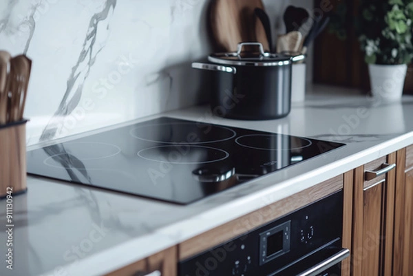 Obraz Close-up of a modern ceramic electric stove top set on a white marble counter in a stylish kitchen. Perfect for home design and kitchen appliance themes