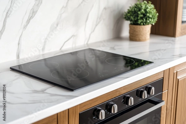 Obraz Stylish modern kitchen featuring an induction cooktop, marble backsplash, wooden cabinetry, and a potted plant for a fresh touch.
