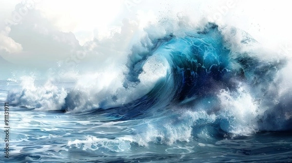 Fototapeta Dynamic image of a large ocean wave crashing, showcasing the power and beauty of the sea with foamy water.