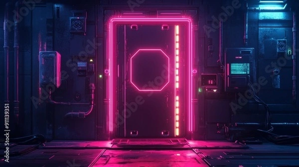 Obraz Abstract background, neon safety door security logo