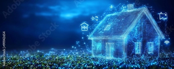 Fototapeta Wireframe home illustration with digital technology icons on a blue glowing background