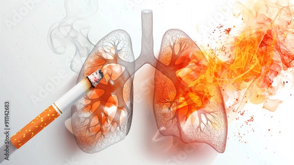 Fototapeta A powerful illustration of a cigarette burning through transparent lungs, symbolizing the harmful effects of smoking, lung damage, and health risks.