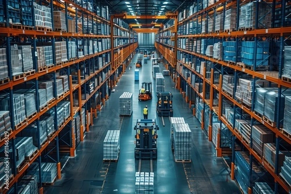 Fototapeta Busy Warehouse with Forklifts and Workers. Busy warehouse with forklifts moving pallets, shelves stacked with goods, and workers overseeing the operations.