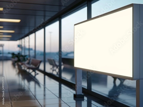 Fototapeta Close-up of a blank white digital display mockup in a modern airport