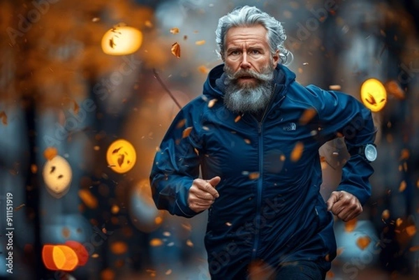Fototapeta Senior Man Running Through Autumn Leaves in Urban Setting