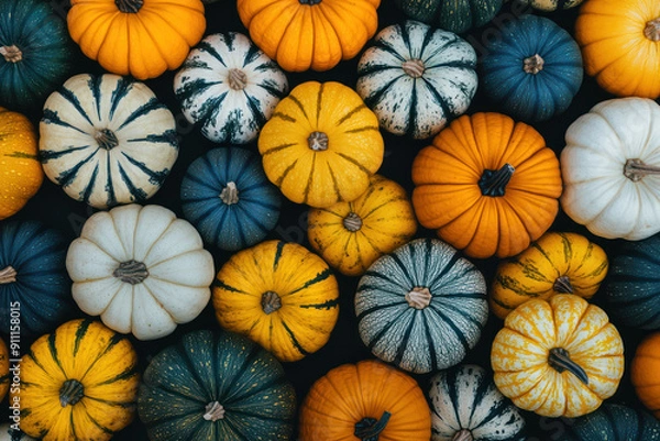 Fototapeta Background of small multi-colored decorative pumpkins. Autumn concept. Top view.