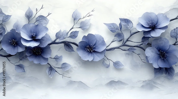 Obraz Elegant colorful with vibrant flower hanging branches illustration background. Bright color 3d abstraction wallpaper for interior mural, Generated by AI	