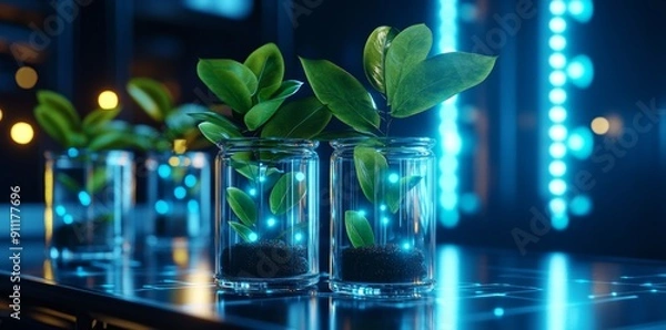 Fototapeta An innovative biotechnology laboratory, glowing tissue culture flasks, incubators, and research on cell growth.