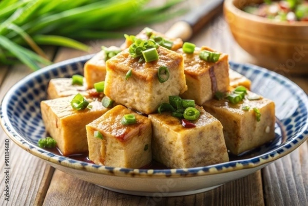 Fototapeta Fried Tofu with Green Onion and Soy Sauce.