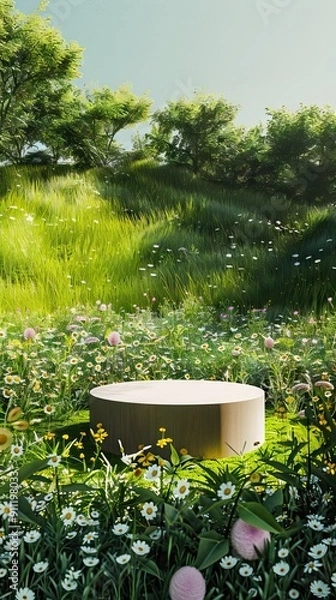 Fototapeta Lush Meadow with Stone Platform and Wildflowers in Bloom. AI generated illustration