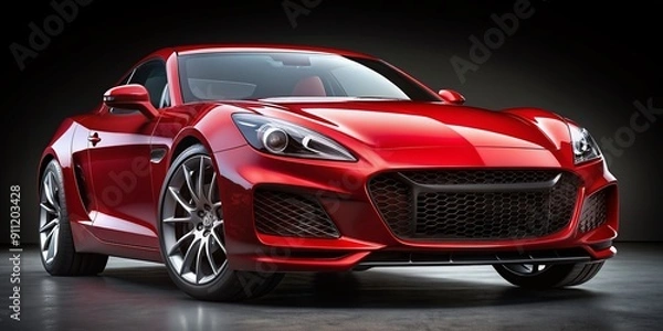 Fototapeta Sleek, scarlet, luxury vehicle showcasing sporty design, parked on a dark backdrop, highlighting shiny clean lines, detailed modern automotive features, and aggressive front view.