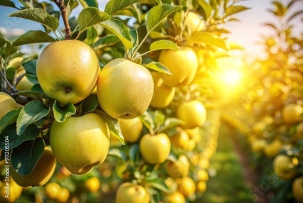 Fototapeta Ripe Golden Apples on Tree Branch in Orchard.