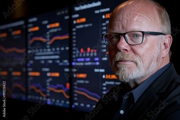 Fototapeta Man in Glasses Looks at Financial Data on Computer Screens