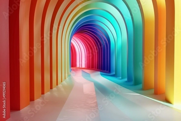 Fototapeta A vibrant archway with a captivating gradient invites viewers into an enchanting tunnel experience that stimulates the senses and ignites imagination