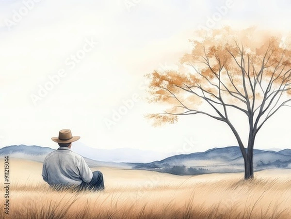 Fototapeta A lone figure sits beneath a tree in a vast field, contemplating the horizon.