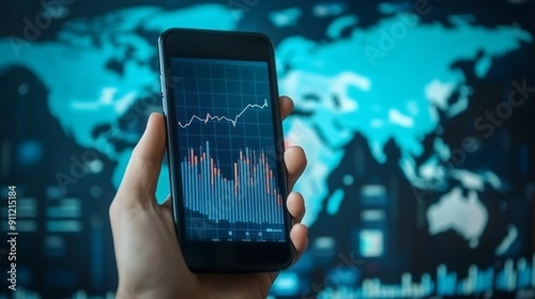 Fototapeta Hand holding smartphone with upward financial graph and global map in background