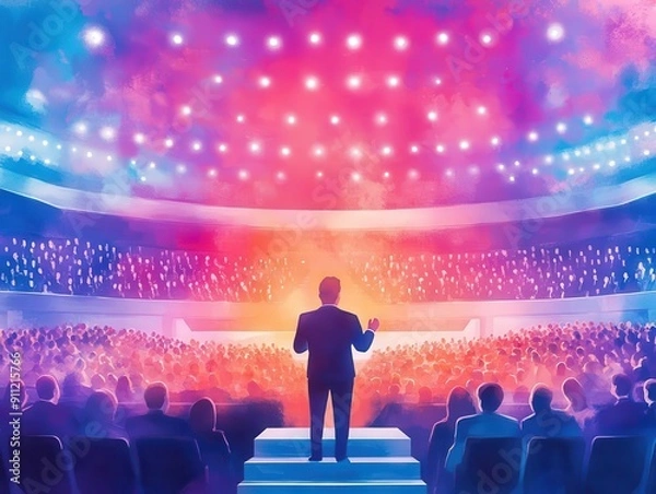 Fototapeta Illustration of a speaker addressing a large audience, colorful auditorium, emphasizing public speaking and inspiration.