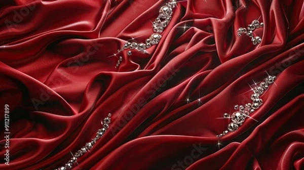 Fototapeta Wall decor. Background. Wall covered with quilted red satin fabrics and gold buttons. AI generated illustration