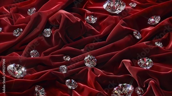 Fototapeta Wall decor. Background. Wall covered with quilted red satin fabrics and gold buttons. AI generated illustration