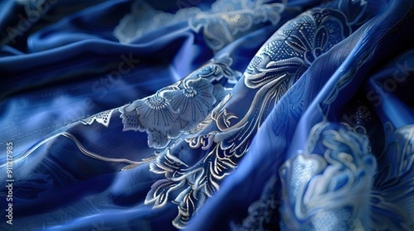 Fototapeta Smooth elegant blue silk can use as background. AI generated illustration