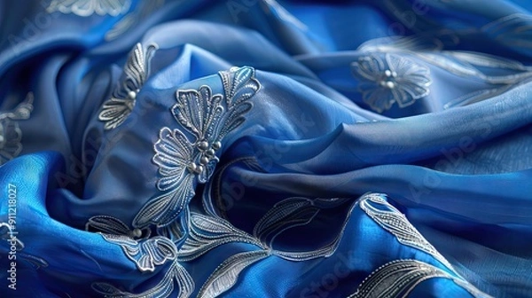 Fototapeta Smooth elegant blue silk can use as background. AI generated illustration