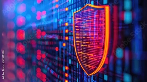 Fototapeta Robust firewall protecting a LAN network, digital shield, cyber security