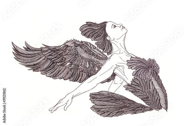 Fototapeta Black Swan.Dance of ballerina with beautiful wingsGraphic drawin