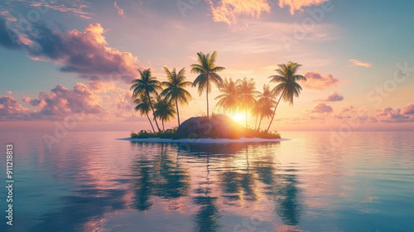 Fototapeta A serene image of a small tropical island with palm trees, surrounded by water, as the sun sets on the horizon, casting a beautiful reflection and golden light.