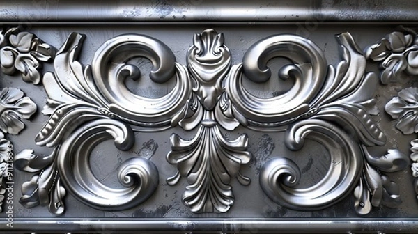 Fototapeta Carved metal plaque made of silver with a pattern of two lotus flowers. AI generated illustration