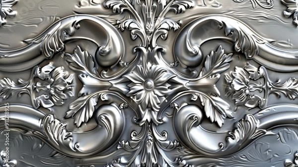 Fototapeta Carved metal plaque made of silver with a pattern of two lotus flowers. AI generated illustration