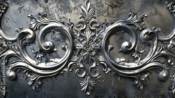 Fototapeta Carved metal plaque made of silver with a pattern of two lotus flowers. AI generated illustration