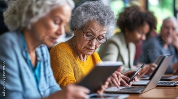 Obraz A group of seniors attentively following a technology class in a community center, using tablets and laptops, the instructor guiding them through the lesson, highlighting the importance of digital