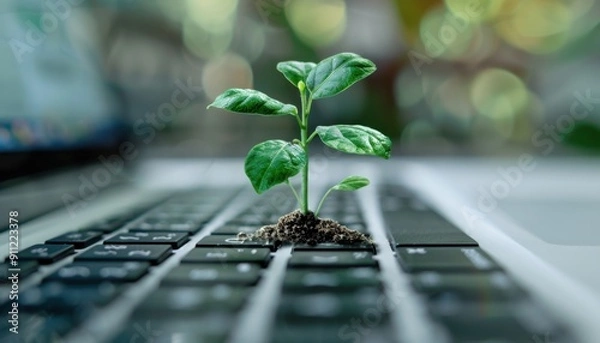 Fototapeta Small Green Plant Growing on Laptop Keyboard Surrounded by Blurred Natural Background