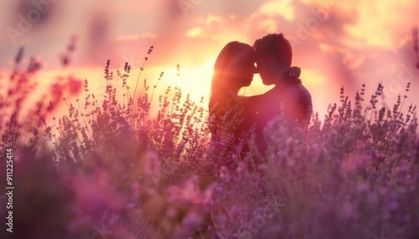 Fototapeta Romantic Couple Embracing Among Lavender Fields During Sunset in Summer