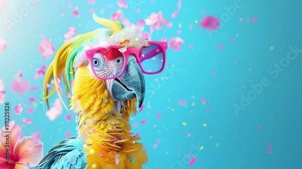 Fototapeta Party Parrot: A colorful macaw with sunglasses and confetti, radiating carefree joy and summer vibes. A whimsical photo perfect for playful brands and social media.  