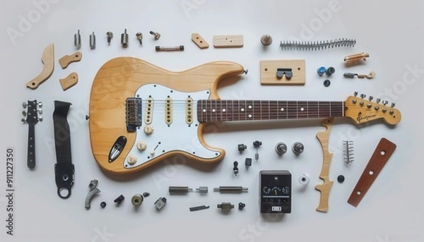 Fototapeta Disassembled Electric Guitar Parts Layout on White Surface With Accessories and Tools Present