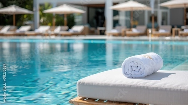 Fototapeta Luxurious poolside scene with a rolled towel on a sunbed, surrounded by lounge chairs and umbrellas at a luxurious resort.