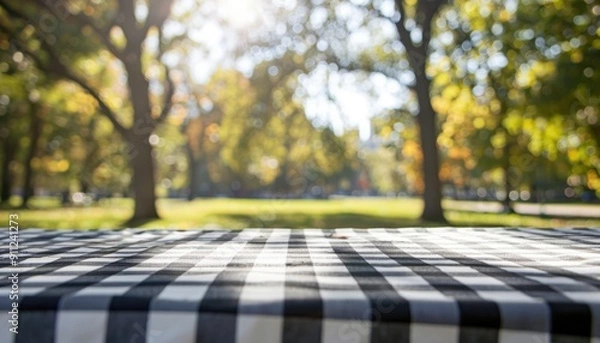 Fototapeta Beautiful Autumn Day in the Park With a Checkered Tablecloth Under Bright Sunshine