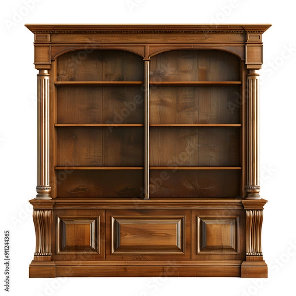 Fototapeta Vintage wooden bookcase with empty shelves on a transparent checkered background